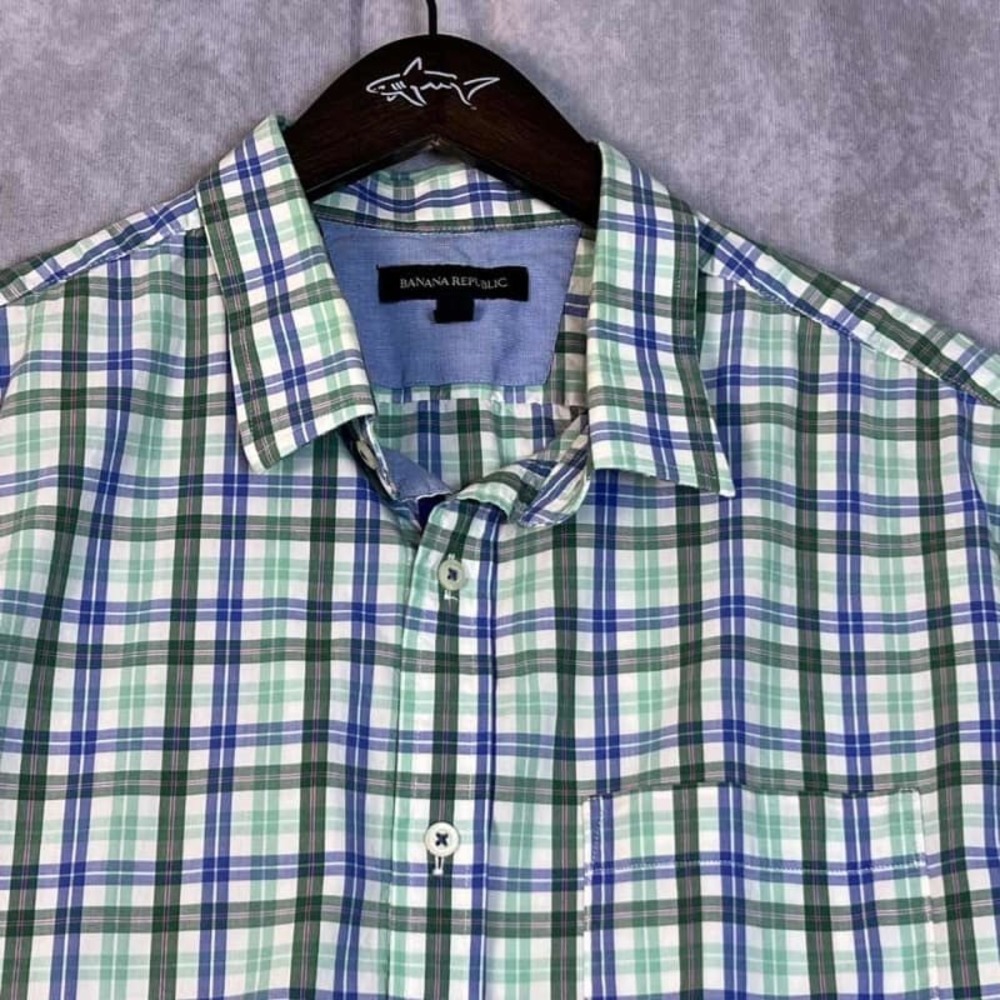 Banana Republic Men's XL Green Blue Plaid Soft Wash Shirt Short Sleeve Cotton